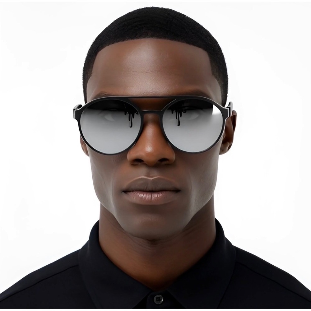 Mens Designer Circle Sunglasses Fashion Silver Mirror Lens Black Side Shield New